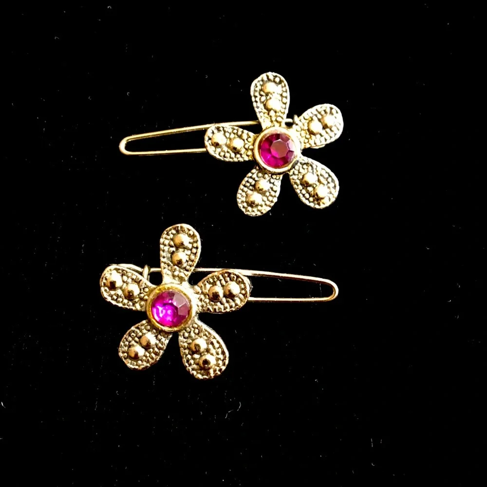 Vintage Gold Flower Hair Clips with Pink Gem - Picture 1 of 6